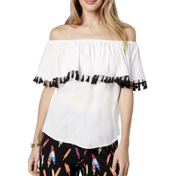 INC Tassel White Black Popsicle Off Shoulder Top M - Picture 2 of 4